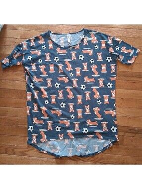 Womens Lularoe Irma Size Small Corgi Dog Soccer Shirt Gray